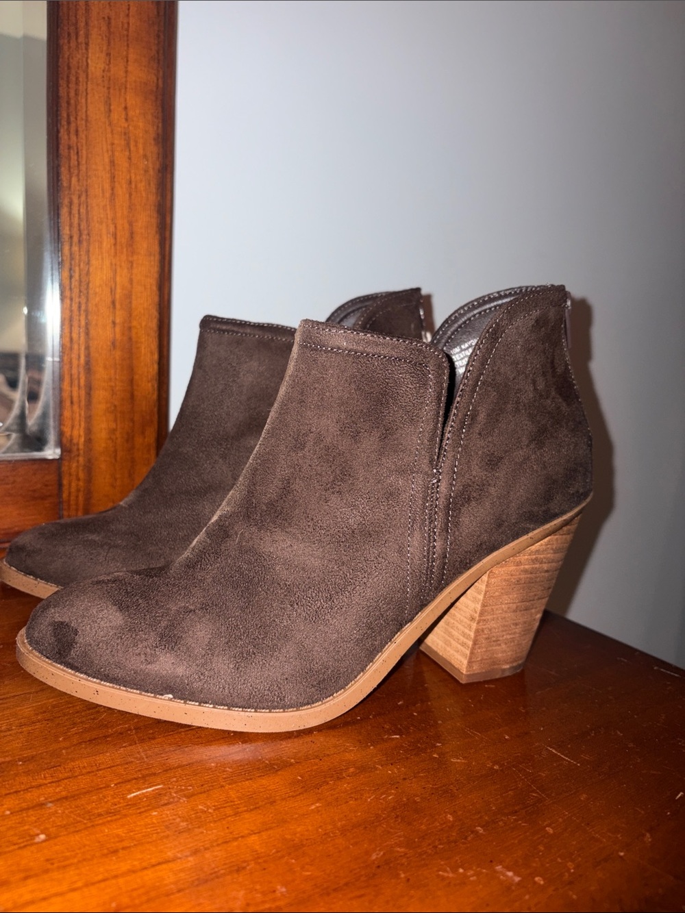 Jolie Dark Brown Suede Ankle Booties with Stacked Heel